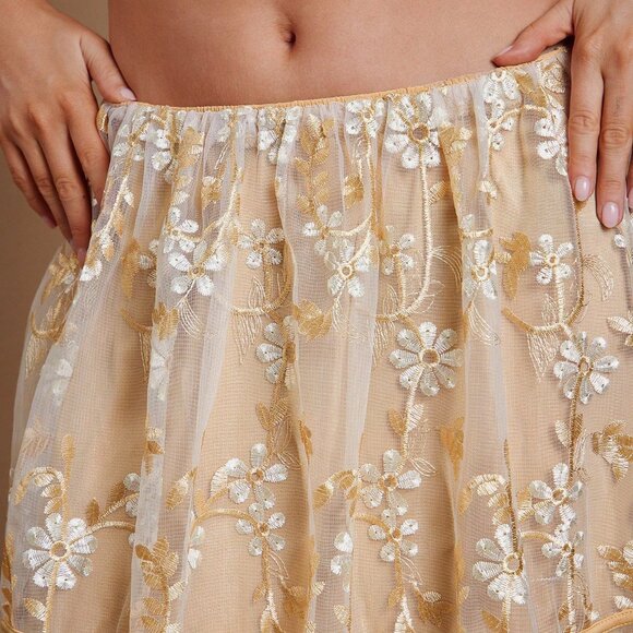 White Boho Women's Embroidered Floral Mesh Drawstring Tiered Flowy Maxi Skirt - Picture 5 of 6